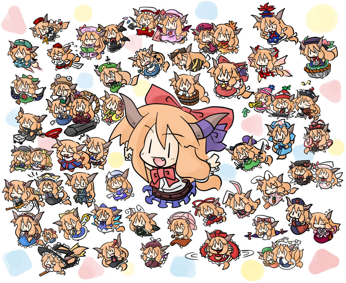 yanagi (nurikoboshi), aki minoriko, aki shizuha, alice margatroid, chen, cirno, daiyousei, flandre scarlet, fujiwara no mokou, hakurei reimu, hieda no akyuu, hinanawi tenshi, hong meiling, hoshiguma yuugi, houraisan kaguya, ibuki suika, inaba tewi, inubashiri momiji, izayoi sakuya, kaenbyou rin, kagiyama hina, kamishirasawa keine, kawashiro nitori, kazami yuuka, kirisame marisa, kisume, koakuma, kochiya sanae, komeiji koishi, komeiji satori, konpaku youmu, kurodani yamame, letty whiterock, lily black, lily white, lunasa prismriver, lyrica prismriver, medicine melancholy, merlin prismriver, mizuhashi parsee, morichika rinnosuke, moriya suwako, mystia lorelei, nagae iku, onozuka komachi, patchouli knowledge, reisen udongein inaba, reiuji utsuho, remilia scarlet, rumia, saigyouji yuyuko, shameimaru aya, shanghai doll, shiki eiki, wriggle nightbug, yagokoro eirin, yakumo ran, yakumo yukari, yasaka kanako, touhou, annotated, >:), 0 0, 6+girls, :<, :3, :d, = =, ^^^, absolutely everyone, aki minoriko (cosplay), aki shizuha (cosplay), alice margatroid (cosplay), animal hat, bat wings, blonde hair, bow, broom, chen (cosplay), chibi, cirno (cosplay), clone, cosplay, cup, daiyousei (cosplay), dual persona, everyone, fang, flandre scarlet (cosplay), flying, fujiwara no mokou (cosplay), gap (touhou), hair bow, hakurei reimu (cosplay), hat, head wings, hieda no akyuu (cosplay), hinanawi tenshi (cosplay), hong meiling (cosplay), horn ornament, horn ribbon, horns, hoshiguma yuugi (cosplay), houraisan kaguya (cosplay), inaba tewi (cosplay), inubashiri momiji (cosplay), izayoi sakuya (cosplay), kaenbyou rin (cosplay), kagiyama hina (cosplay), kamishirasawa keine (cosplay), kaname-ishi, katana, kawashiro nitori (cosplay), kazami yuuka (cosplay), kirisame marisa (cosplay), kisume (cosplay), knife, koakuma (cosplay), kochiya sanae (cosplay), komeiji koishi (cosplay), komeiji satori (cosplay), konpaku youmu (cosplay), kurodani yamame (cosplay), letty whiterock (cosplay), lily black (cosplay), lily white (cosplay), long hair, lunasa prismriver (cosplay), lyrica prismriver (cosplay), medicine melancholy (cosplay), merlin prismriver (cosplay), mizuhashi parsee (cosplay), mob cap, morichika rinnosuke (cosplay), moriya suwako (cosplay), multiple girls, multiple persona, mystia lorelei (cosplay), nagae iku (cosplay), one-person show, onozuka komachi (cosplay), open mouth, parasol, patchouli knowledge (cosplay), reisen udongein inaba (cosplay), reiuji utsuho (cosplay), remilia scarlet (cosplay), ribbon, rod of remorse, rumia (cosplay), saigyouji yuyuko (cosplay), sakazuki, shameimaru aya (cosplay), shanghai (cosplay), shanghai doll (cosplay), shiki eiki (cosplay), smile, star (symbol), sweatdrop, sword, tassel, team 9 (touhou), tears, throwing knife, umbrella, v-shaped eyebrows, weapon, wings, witch hat, wriggle nightbug (cosplay), yagokoro eirin (cosplay), yakumo ran (cosplay), yakumo yukari (cosplay), yasaka kanako (cosplay), | |