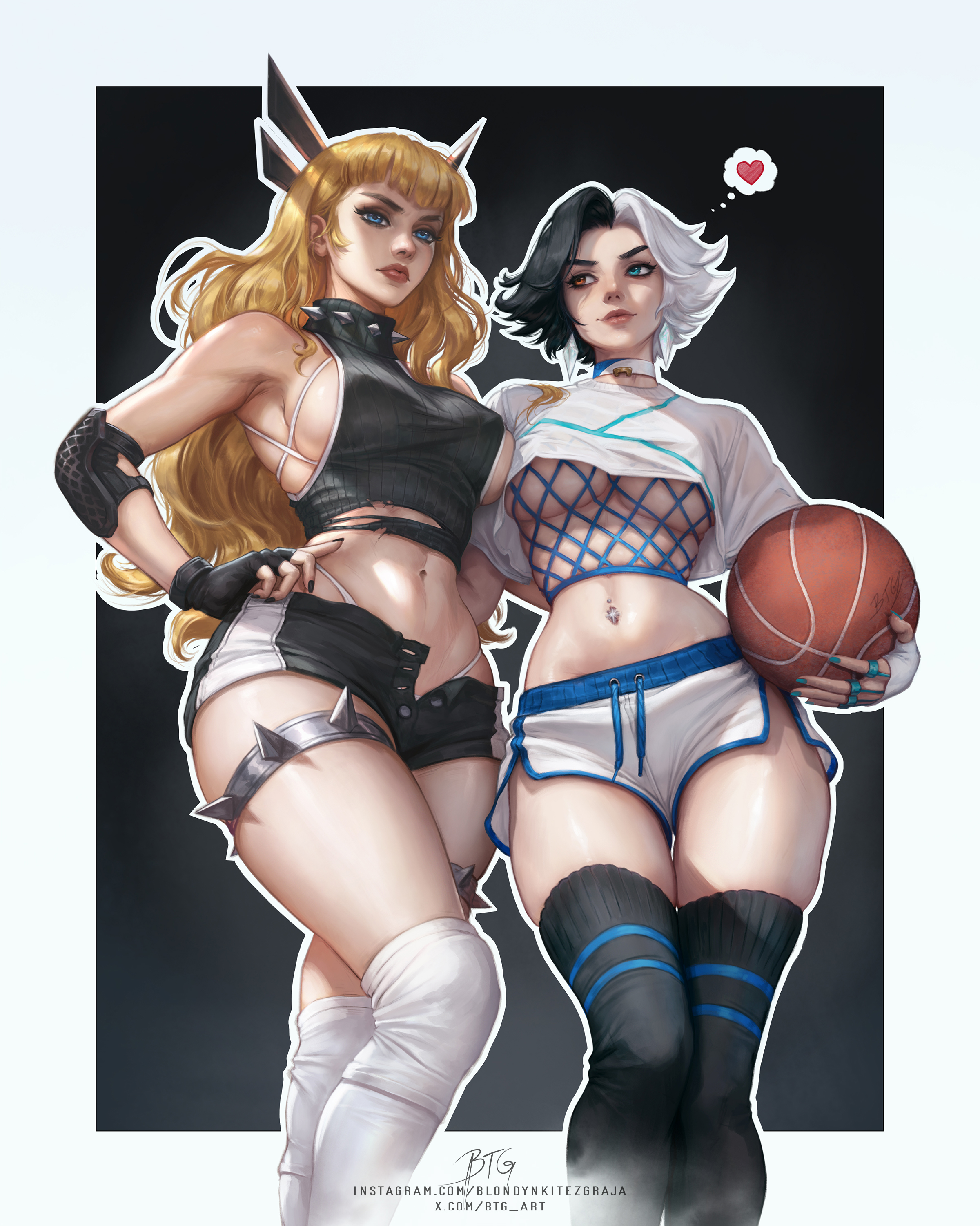 blondynkitezgraja, luna snow, magik (x-men), marvel, marvel rivals, new mutants, x-men, absurdres, commentary, english commentary, highres, 2girls, artist name, ball, bare shoulders, basketball (object), black gloves, black hair, black shorts, black thighhighs, blonde hair, blue eyes, breasts, closed mouth, collar, elbow pads, fingerless gloves, gloves, hand on own hip, heart, heterochromia, holding, holding ball, instagram username, large breasts, long hair, looking at another, midriff, multicolored hair, multiple girls, navel, open clothes, open shorts, orange eyes, panties, short hair, short shorts, shorts, sideboob, sleeveless, sleeveless sweater, smile, spiked collar, spikes, sweater, thighhighs, torn clothes, torn sweater, turtleneck, turtleneck sweater, twitter username, two-tone hair, underboob, underwear, watermark, web address, white gloves, white hair, white panties, white shorts, white thighhighs, yuri