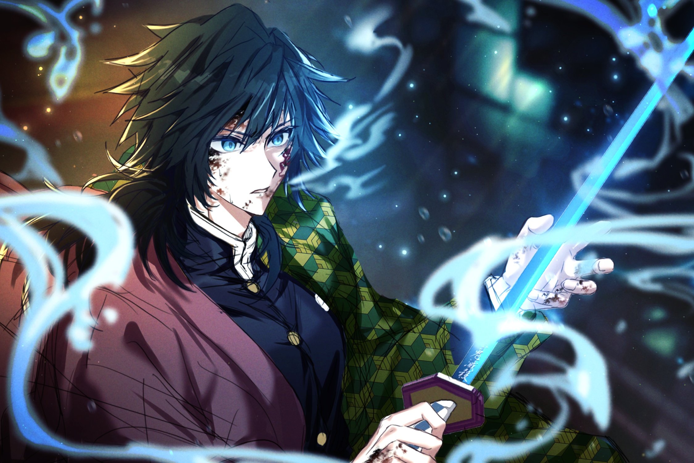 tomioka giyuu, kimetsu no yaiba, highres, 1boy, 7hae9, black hair, black jacket, blood, blood on face, blue eyes, buttons, demon slayer uniform, gold buttons, hair between eyes, haori, high collar, holding, holding sword, holding weapon, jacket, japanese clothes, katana, kikkoumon, long hair, low ponytail, male focus, parted lips, ponytail, print haori, red haori, solo, spiked hair, sword, teeth, upper body, water, weapon