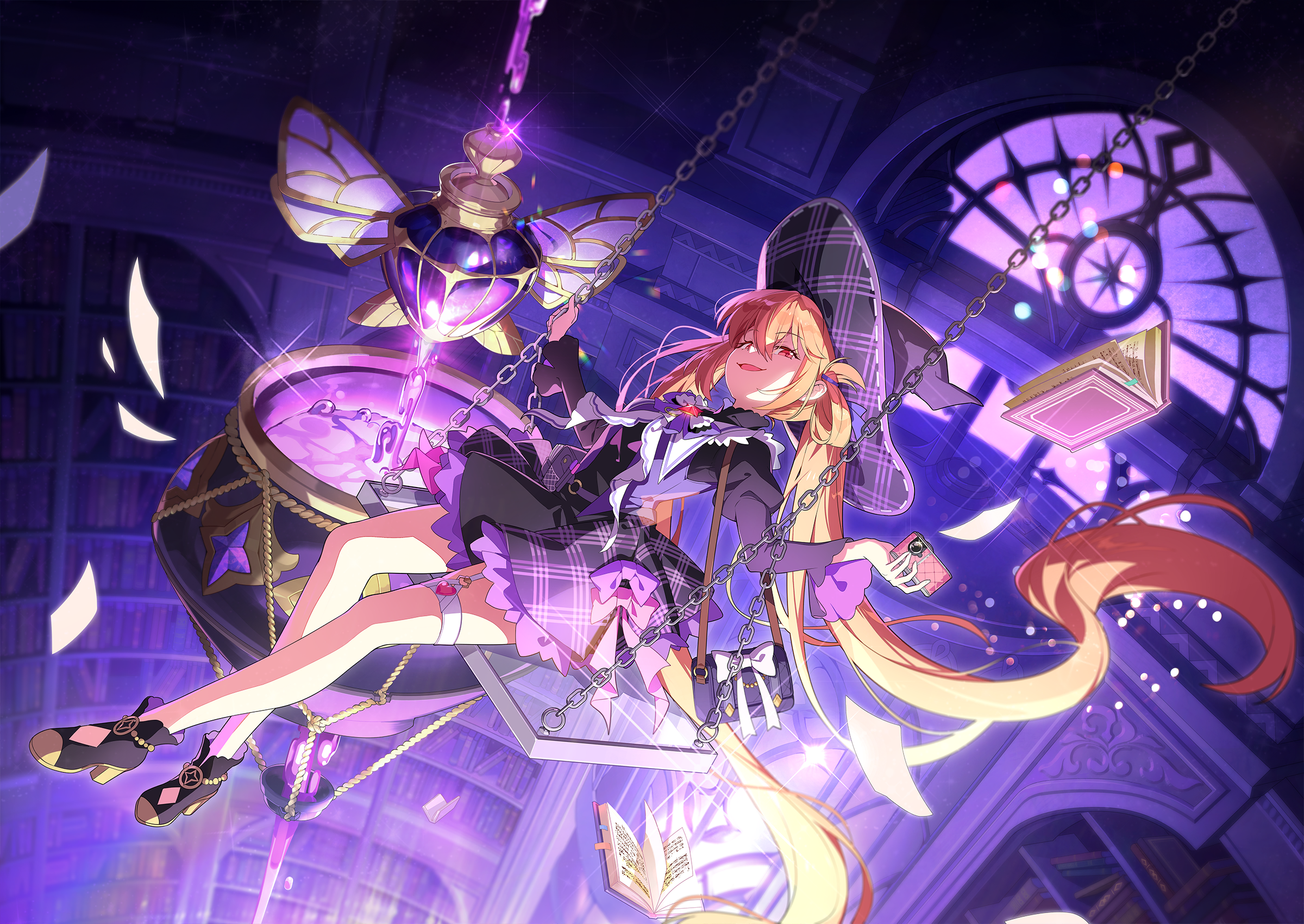 stella sora, game cg, highres, non-web source, official art, 1girl, :d, black dress, black shoes, book, bottle, camera, cauldron, dress, frilled dress, frills, full body, hair rings, hat, high heels, holding, holding camera, juliet sleeves, library, long hair, long sleeves, looking at viewer, mistique (stella sora), on swing, open book, open mouth, orange hair, puffy sleeves, purple hat, red eyes, shoes, smile, solo, swing, swinging on swing, twintails, very long hair, witch, witch hat