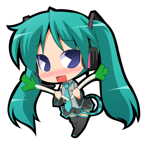 suntail, hatsune miku, hiiragi kagami, lucky star, vocaloid, lowres, aqua hair, blue eyes, chibi, cosplay, detached sleeves, hatsune miku (cosplay), headphones, long hair, necktie, pac-man eyes, parody, solo, thighhighs, twintails