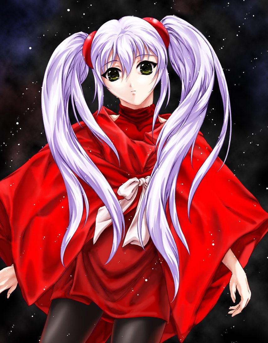 igarashi kei, hoshino ruri, kidou senkan nadesico, 1girl, bare shoulders, black pantyhose, bow, closed mouth, cowboy shot, dress, hair between eyes, hair ornament, long hair, night, night sky, pantyhose, poncho, red dress, red poncho, sidelocks, sky, solo, sphere hair ornament, star (sky), starry sky, turtleneck, turtleneck dress, twintails, white bow, white hair, yellow eyes