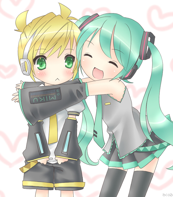 acoa, hatsune miku, kagamine len, vocaloid, bad id, bad pixiv id, 1boy, :<, aqua hair, blonde hair, blush, closed eyes, detached sleeves, green eyes, long hair, necktie, school uniform, serafuku, skirt, thighhighs, twintails