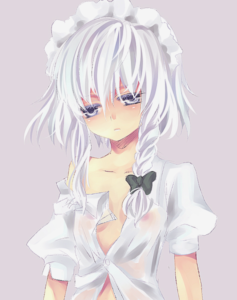 mikazuki sara, izayoi sakuya, touhou, silver hair, bad id, bad pixiv id, 1girl, blue eyes, braid, collarbone, female focus, hair ribbon, hairband, no bra, ribbon, see-through clothes, simple background, solo, upper body