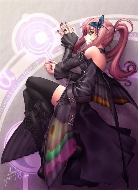 patipat asavasena, patipatasavasena, original, duplicate, 1girl, boots, bug, butterfly, detached sleeves, dress, fairy, female focus, goth fashion, insect, jewelry, long hair, lying, nail polish, pink hair, ponytail, purple nails, ring, solo, thighhighs, wings, yellow eyes