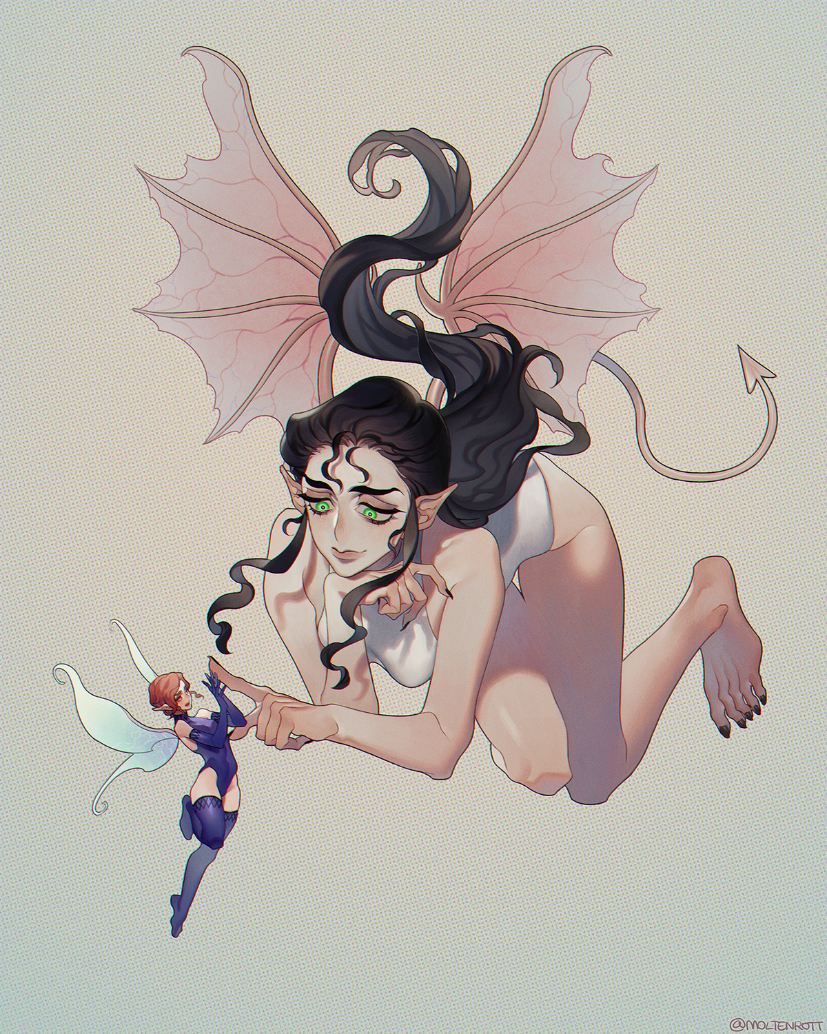 dearest24, lilim (megami tensei), pixie (megami tensei), shin megami tensei, shin megami tensei iii: nocturne, commentary request, highres, 2girls, black hair, black nails, blue gloves, blue leotard, breasts, brown hair, demon (megami tensei), demon tail, elbow gloves, gloves, leotard, multiple girls, pointy ears, simple background, size difference, tail, wings