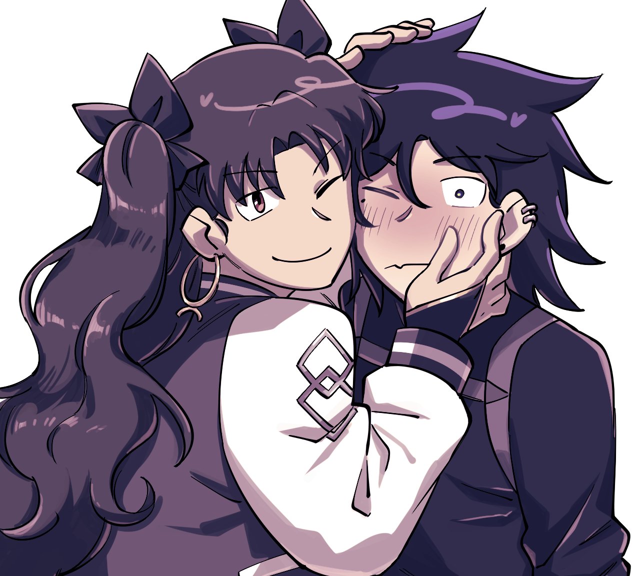 okinobus, ishtar (fate), fate/grand order, fate (series), original, commentary, symbol-only commentary, 2girls, black hair, blush, bridal gauntlets, brown eyes, ear piercing, earrings, fang, hoop earrings, jacket, jewelry, letterman jacket, mole, mole under eye, multiple girls, oc x canon, one eye closed, piercing, reverse trap, skin fang, stud earrings, two side up