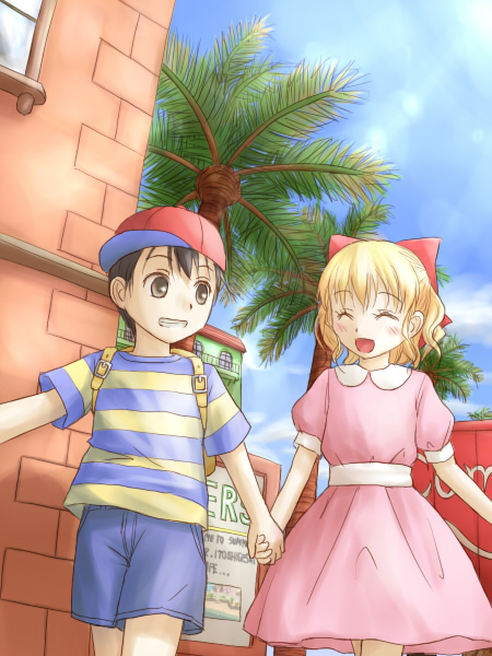 yuyuzuki (yume usagi), ness (mother 2), paula (mother 2), mother (series), mother 2, nintendo, bad id, bad pixiv id, 1boy, 1girl, baseball cap, black hair, blonde hair, child, closed eyes, couple, dress, grin, happy, hat, hetero, open mouth, palm tree, pink dress, puffy short sleeves, puffy sleeves, shirt, short sleeves, shorts, smile, striped clothes, striped shirt, tree