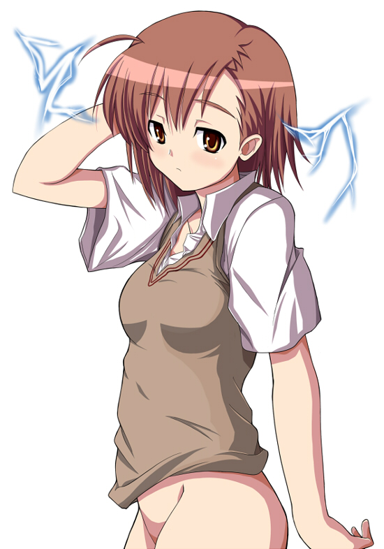 nishikawa hiroyuki, misaka mikoto, toaru kagaku no railgun, toaru majutsu no index, bad id, bad pixiv id, 00s, blush, bottomless, brown eyes, brown hair, electricity, electrokinesis, school uniform, short hair, solo, standing, sweater vest, yellow eyes