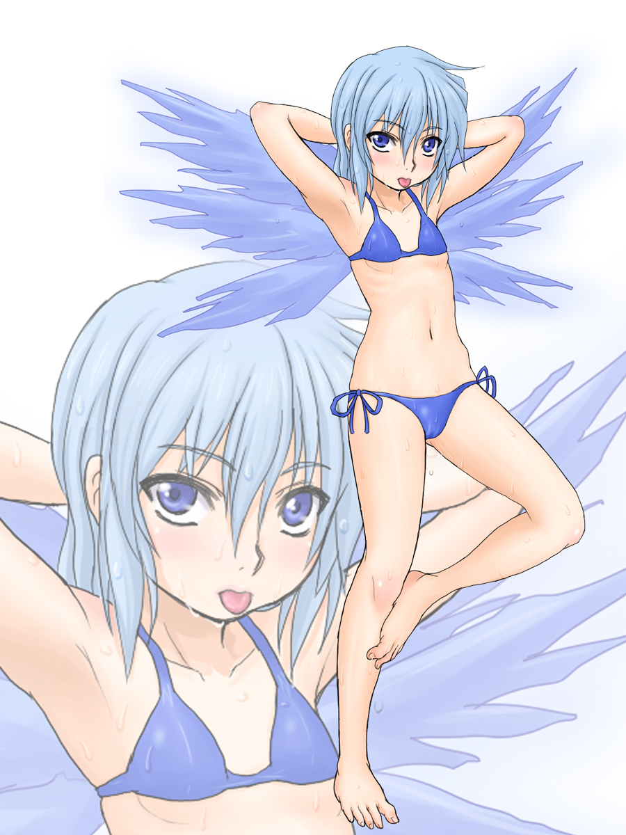 kuro suto sukii, cirno, touhou, highres, 1girl, armpits, barefoot, bikini, blue bikini, blue hair, feet, female focus, flat chest, gradient background, side-tie bikini bottom, solo, standing, standing on one leg, swimsuit, upper body, wet, wet hair, white background, wings, zoom layer