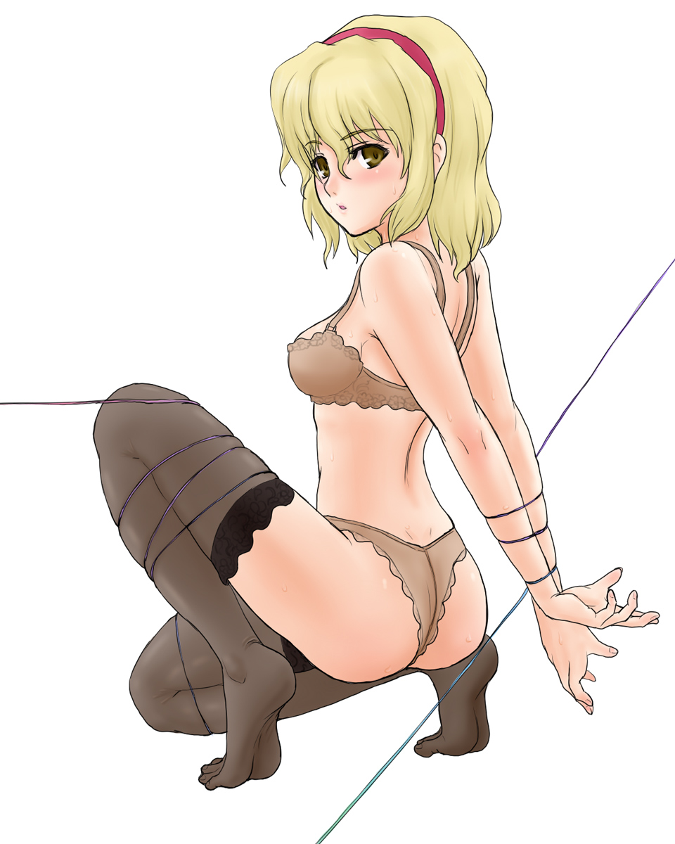 kuro suto sukii, alice margatroid, touhou, highres, 1girl, ass, back, bdsm, blonde hair, bondage, bound, bra, brown bra, brown eyes, brown panties, feet, female focus, full body, garrote, lingerie, panties, short hair, solo, sweat, thighhighs, toes, underwear, underwear only, white background