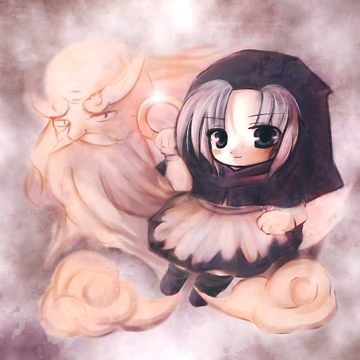 kiru (artist), kumoi ichirin, unzan, touhou, beard, blue hair, chibi, cloud, facial hair, hood