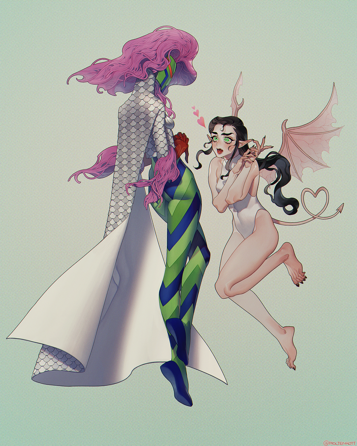 dearest24, lilim (megami tensei), shin megami tensei, shin megami tensei iii: nocturne, commentary request, highres, 2girls, black hair, black nails, blush, cape, covered navel, demon (megami tensei), demon tail, fangs, gloves, green eyes, heart, leotard, multiple girls, open mouth, own hands together, pointy ears, purple hair, queen mab (megami tensei), red gloves, simple background, tail, white cape, white leotard, wings, yuri