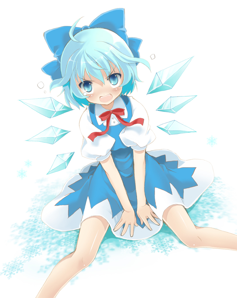 pan (mimi), cirno, embodiment of scarlet devil, touhou, bad id, bad pixiv id, 1girl, ahoge, angry, blue eyes, blue hair, blush, bow, bowtie, child, dress, female focus, frown, hair bow, legs, matching hair/eyes, neck ribbon, on floor, ribbon, sitting, skirt, solo, tears, v arms, wings