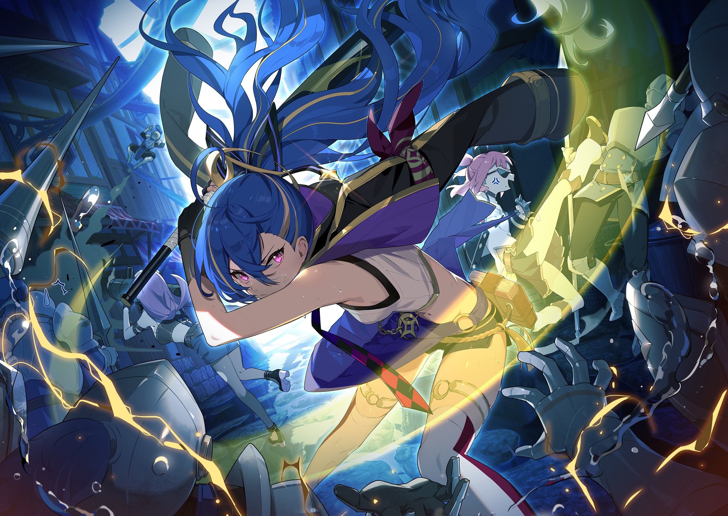 minova (stella sora), vollara (stella sora), stella sora, game cg, highres, non-web source, official art, >:(, 3girls, 6+others, ahoge, alley, anger vein, armor, ashwind clan (stella sora), bandeau, bare shoulders, baseball bat, black bandeau, blonde hair, blue hair, breastplate, breasts, crop top, cropped shirt, helmet, holding, holding baseball bat, knight, lance, medium breasts, midriff, multicolored hair, multiple girls, multiple others, neuvira (stella sora), pink hair, polearm, ponytail, purple eyes, purple hair, red thighhighs, shirt, single vertical stripe, sleeveless, sleeveless shirt, solo focus, spear, streaked hair, swinging baseball bat, thighhighs, two side up, v-shaped eyebrows, weapon, white shirt