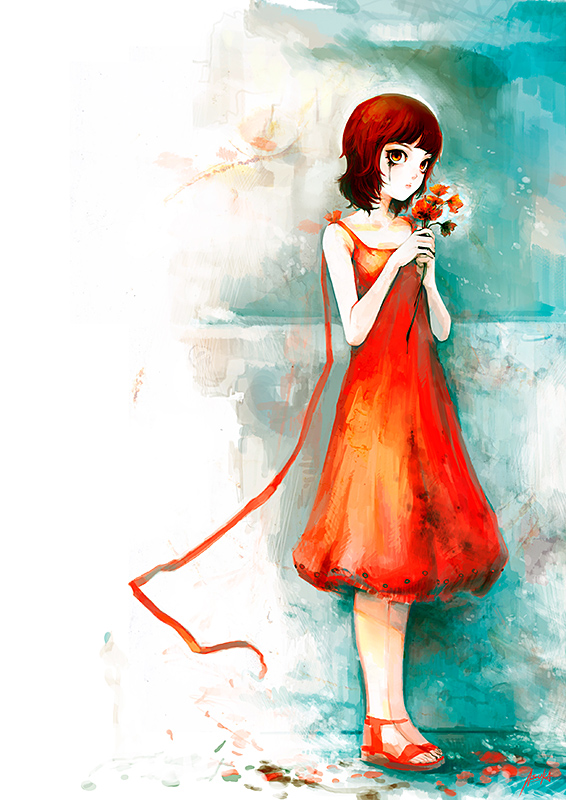 patipat asavasena, patipatasavasena, 1girl, dress, female focus, flower, petals, red dress, red hair, sandals, short hair, signature, solo, sundress, tears, yellow eyes