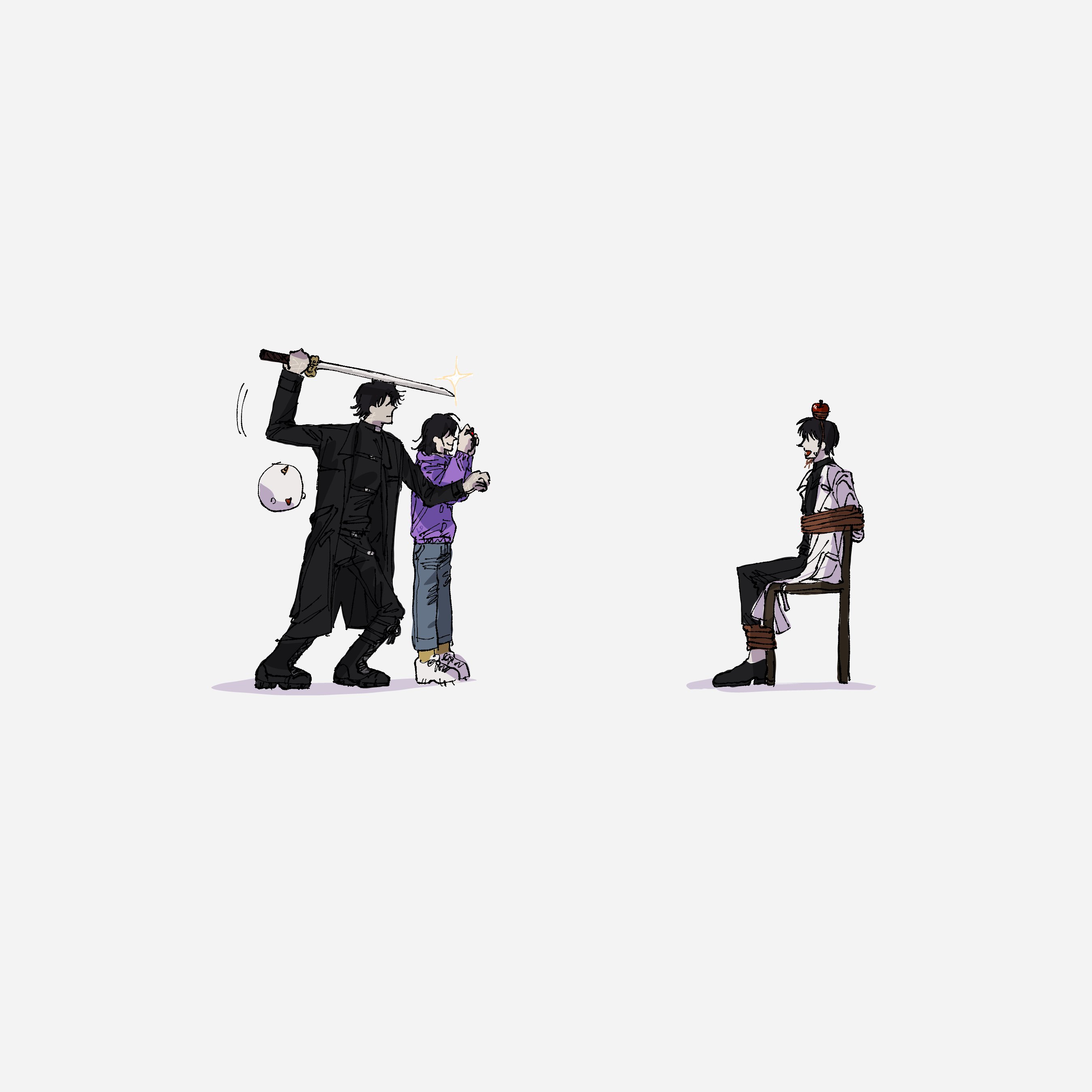 lp (sangkuranak), biyoo (omniscient reader's viewpoint), han sooyoung, kim dokja, yoo joonghyuk, omniscient reader's viewpoint, absurdres, highres, 1girl, 2boys, aiming, animal, apple on head, arm up, black coat, black hair, black shirt, bound, bound ankles, bound torso, camera, chair, coat, from side, full body, holding, holding camera, holding sword, holding weapon, hood, hood down, hoodie, imminent throw, multiple boys, open clothes, open coat, open mouth, purple hoodie, rope, shirt, short hair, standing, sword, taking picture, tied up (nonsexual), weapon, white coat