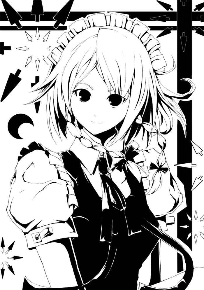 nauribon, izayoi sakuya, touhou, bad id, bad pixiv id, 1girl, braid, female focus, greyscale, high contrast, knife, maid, monochrome, smile, solo, throwing knife, twin braids, upper body, weapon, white background