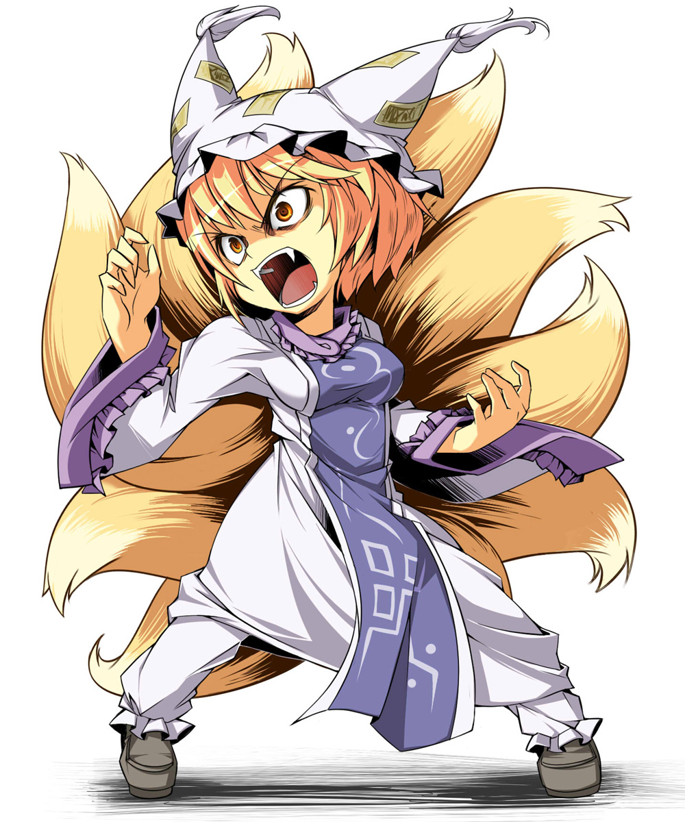beihan, kokka han, yakumo ran, touhou, highres, 1girl, angry, animal hat, blonde hair, brown eyes, fangs, female focus, fighting stance, fox tail, hat, long sleeves, mob cap, multiple tails, open mouth, pants, shoes, short hair, solo, tabard, tail, tassel, wide sleeves