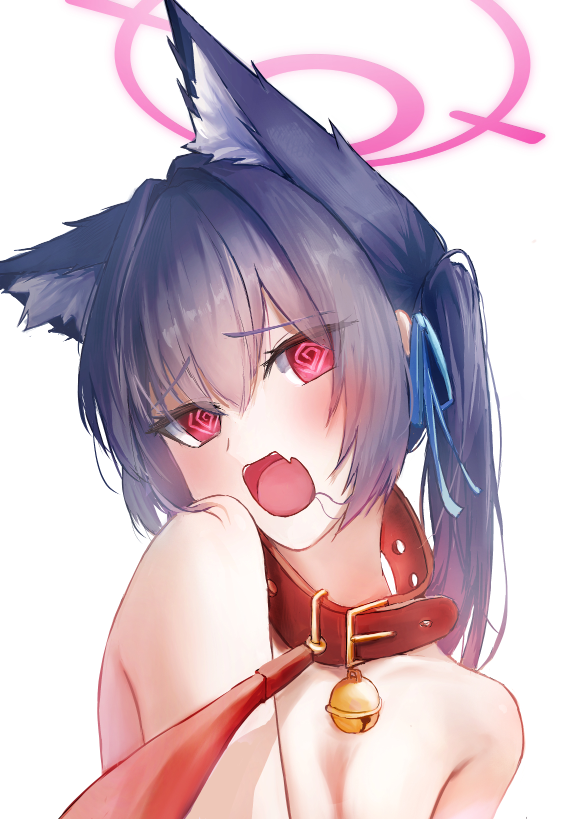 fujiwara haru (nekonote), serika (blue archive), blue archive, commentary, highres, 1girl, @ @, animal collar, animal ear fluff, animal ears, bell, black hair, blue ribbon, cat ears, cat girl, collar, embarrassed, extra ears, eyes visible through hair, fang, furrowed brow, hair between eyes, hair in own mouth, hair ribbon, halo, head tilt, jingle bell, leash, long hair, looking at viewer, neck bell, nude, open mouth, pink halo, pov, red eyes, ribbon, sidelocks, simple background, skin fang, solo, teeth, twintails, upper body, upper teeth only, viewer holding leash, white background