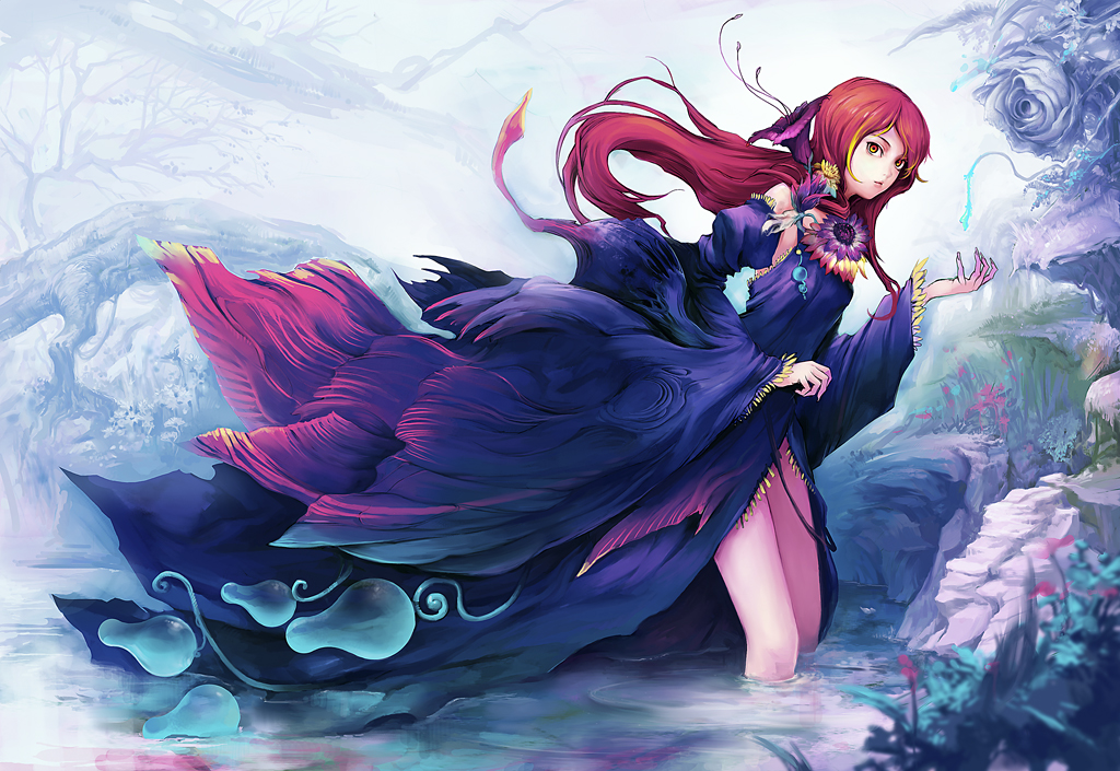 patipat asavasena, patipatasavasena, original, 1girl, detached sleeves, dress, female focus, flower, forest, frills, long hair, nature, orange eyes, red hair, solo, wading, water