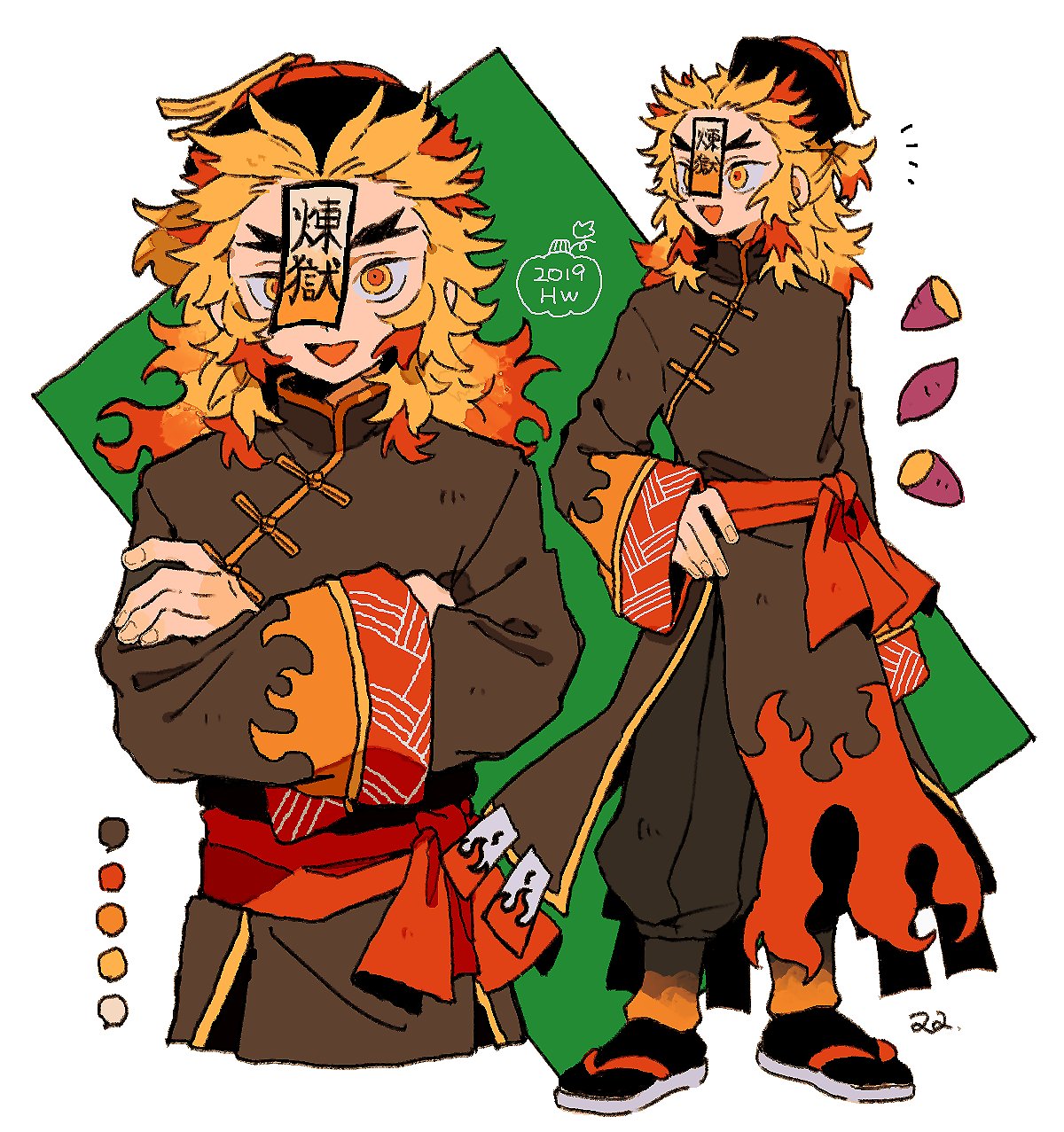 zettai 22, rengoku kyoujurou, kimetsu no yaiba, highres, 1boy, alternate costume, black pants, black socks, blonde hair, chinese clothes, crossed arms, fingernails, full body, hand on own hip, looking at viewer, male focus, multicolored eyes, open mouth, pants, red eyes, red hair, sandals, smile, socks, solo, standing, two-tone eyes, yellow eyes