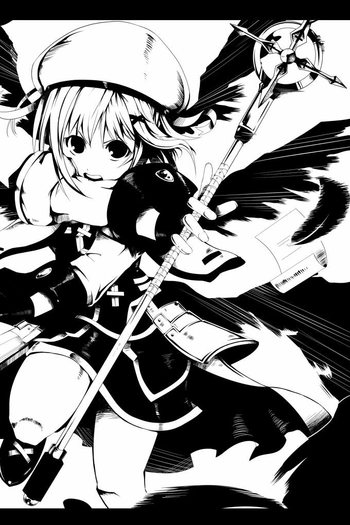 nauribon, yagami hayate, lyrical nanoha, mahou shoujo lyrical nanoha, mahou shoujo lyrical nanoha strikers, bad id, bad pixiv id, 00s, 1girl, cross, female focus, greyscale, hair ornament, hat, monochrome, skirt, solo, wings, x hair ornament