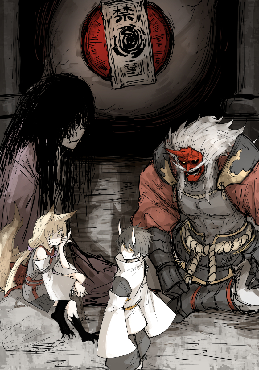 kankan33333, original, 1girl, 1other, 2boys, animal ears, armor, bare shoulders, black sclera, blonde hair, blot plot, colored sclera, colored skin, demon boy, detached sleeves, facial hair, fox ears, fox girl, fox tail, gauntlets, grey hair, grid teeth, horns, japanese armor, japanese clothes, kei (kankan33333), long hair, long mustache, looking at viewer, multiple boys, mustache, orange eyes, red skin, rope belt, short hair, sitting, sketch, smile, tail, white sleeves