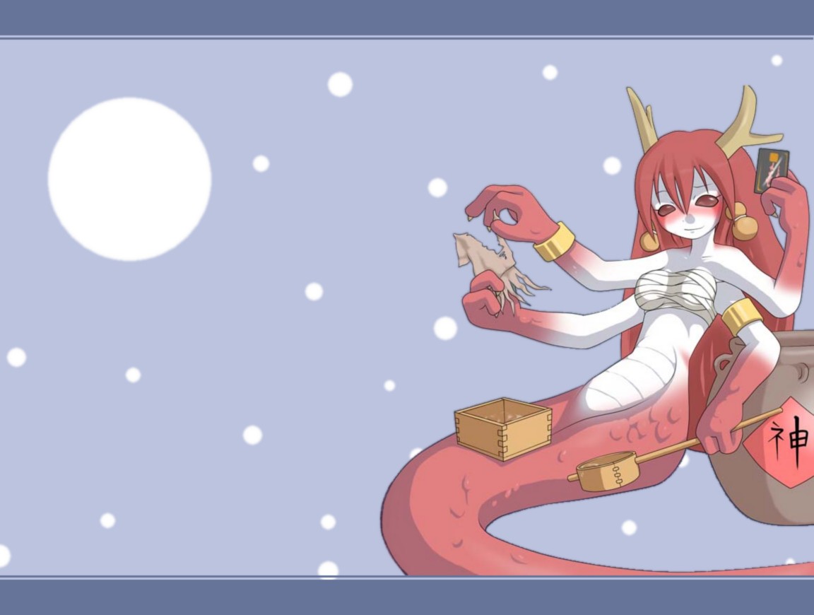 nollety, original, non-web source, 1girl, drunk, extra arms, female focus, horns, lamia, monster girl, multi limb, red hair, scales, solo