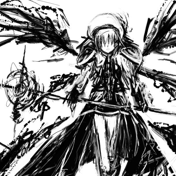 unso, schwertkreuz, yagami hayate, lyrical nanoha, mahou shoujo lyrical nanoha, mahou shoujo lyrical nanoha strikers, 00s, 1girl, armor, cross, female focus, greyscale, hair ornament, monochrome, sketch, solo, staff, wings, x hair ornament