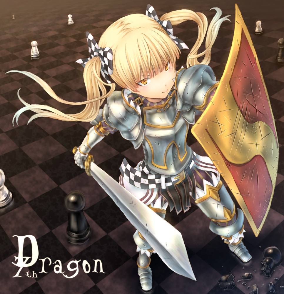 sabamu, berich (7th dragon), knight (7th dragon), 7th dragon, 7th dragon (series), piece, 1girl, armor, belt, blonde hair, board game, bow, broken, chess, damaged, female focus, hair bow, long hair, shield, smile, solo, yellow eyes