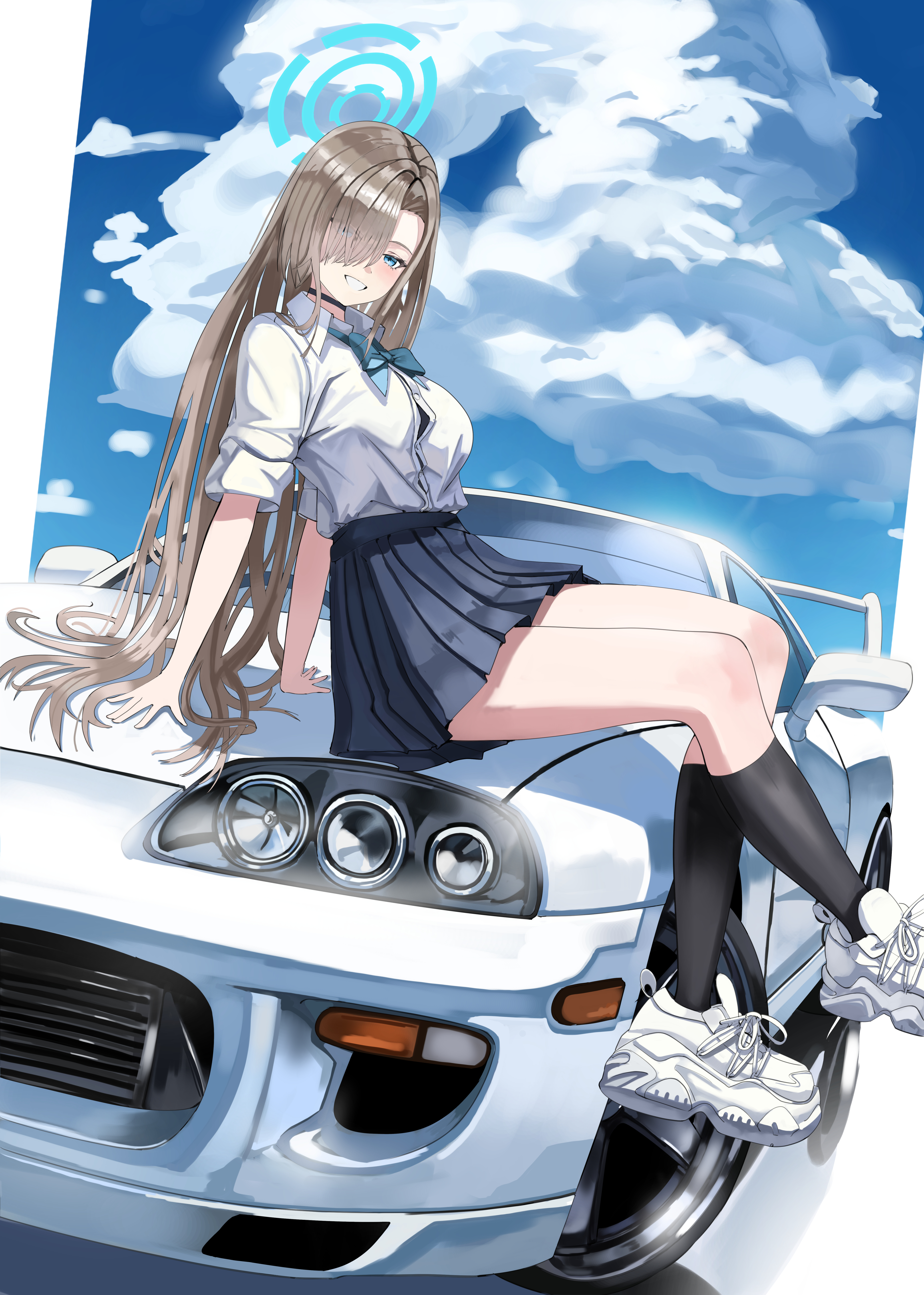 irv v12, asuna (blue archive), asuna (school uniform) (blue archive), blue archive, absurdres, highres, 1girl, black socks, blue eyes, blue skirt, blue sky, breasts, brown hair, car, cleavage, halo, long hair, looking at viewer, motor vehicle, official alternate costume, puffy short sleeves, puffy sleeves, shirt, short sleeves, sitting, skirt, sky, socks, solo, white shirt
