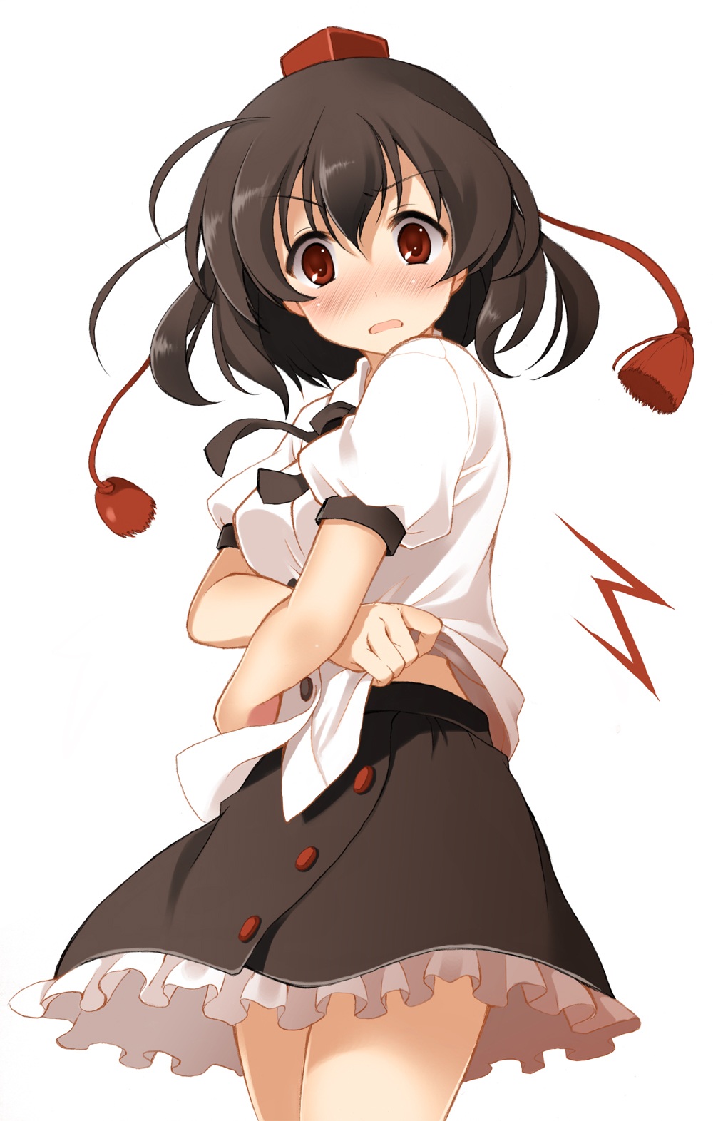 pan (mimi), shameimaru aya, touhou, bad id, bad pixiv id, highres, 1girl, ^^^, black hair, blouse, blush, collared shirt, embarrassed, female focus, hat, looking at viewer, red eyes, shirt, short hair, simple background, skirt, solo, surprised, tokin hat, undressing, white shirt