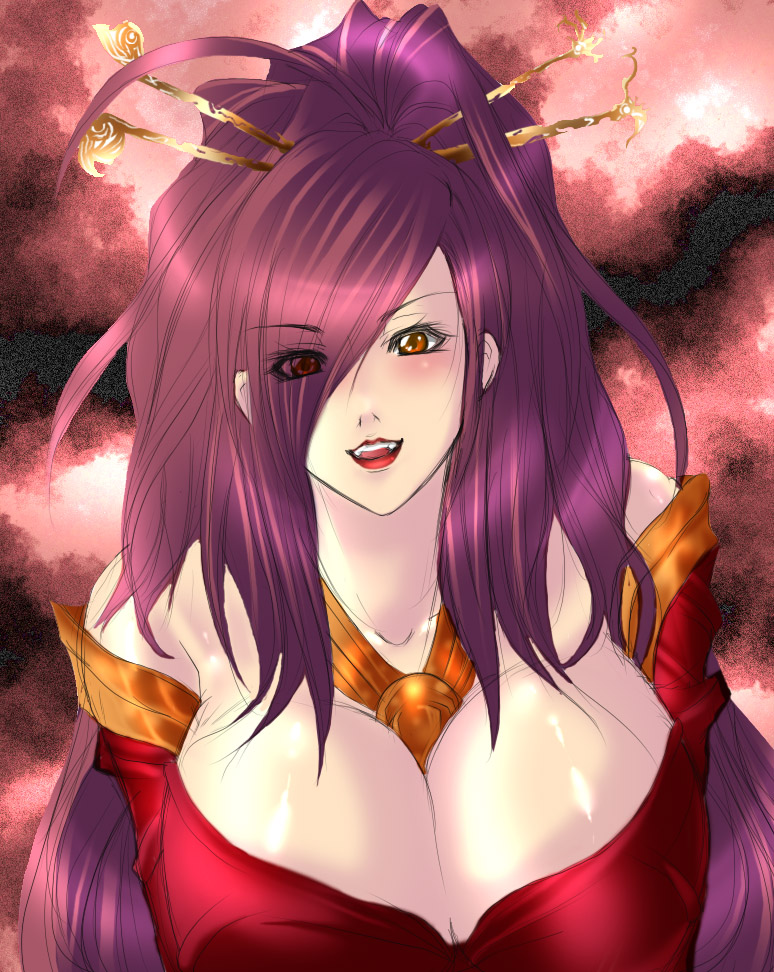 juri (shiningred), jyuri (artist), gypsy (ragnarok online), ragnarok online, 1girl, breasts, brown eyes, brown hair, eyes visible through hair, fangs, female focus, gypsy, hair ornament, hair over one eye, hair stick, huge breasts, jewelry, laughing, lipstick, long hair, makeup, messy hair, purple hair, solo