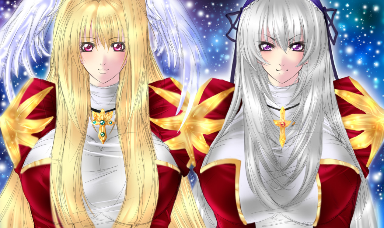 juri (shiningred), jyuri (artist), high priest (ragnarok online), suigintou, ragnarok online, rozen maiden, 00s, 2girls, alternate breast size (larger), blonde hair, breasts, cross, huge breasts, jewelry, long hair, multiple girls, necklace, pink eyes, purple eyes, smile, white hair, wings