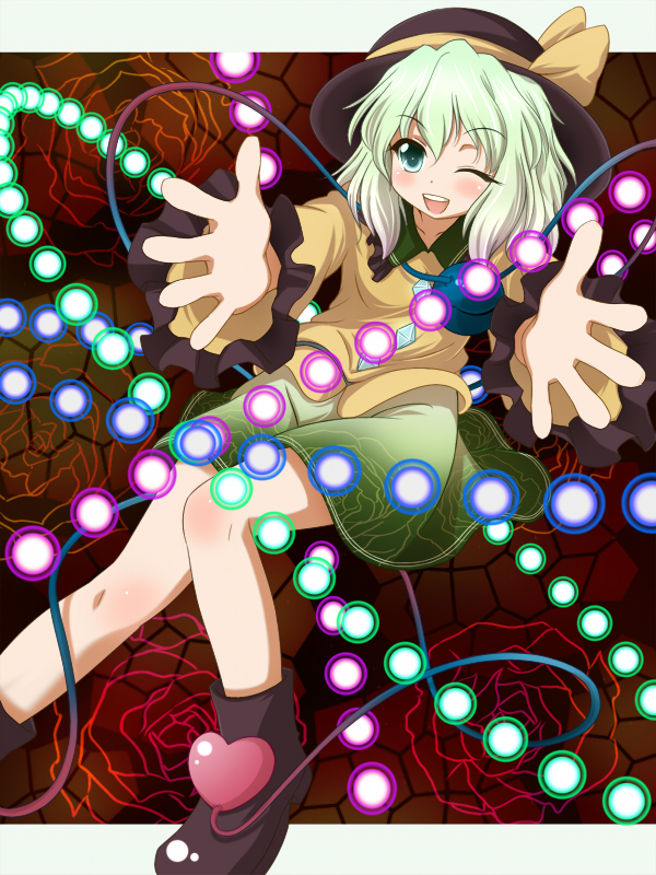 sui. (ayase), komeiji koishi, touhou, 1girl, black hat, danmaku, female focus, flower, hat, one eye closed, plant, skirt, solo, wink