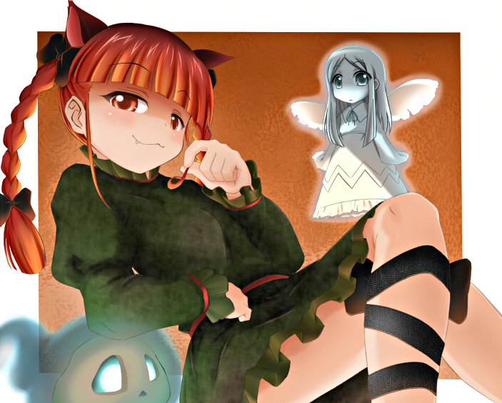 sui. (ayase), kaenbyou rin, zombie fairy (touhou), touhou, bad id, bad pixiv id, 2girls, :3, animal ears, blunt bangs, braid, crossed legs, extra ears, fang, female focus, multiple girls, red eyes, red hair, ribbon, sitting, skull, twin braids, twirling hair