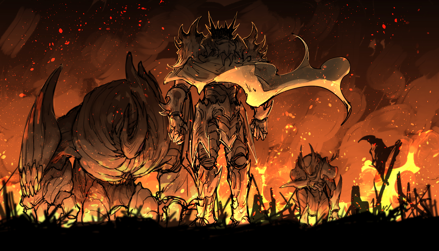 kankan33333, original, commentary request, 1other, armor, arms at sides, blot plot, burning, cape, clenched hand, destruction, embers, faulds, fire, flag, floating cape, from behind, full armor, full body, gauntlets, horns, kneeling, monster, on one knee, pauldrons, shoulder armor, smoke, standing