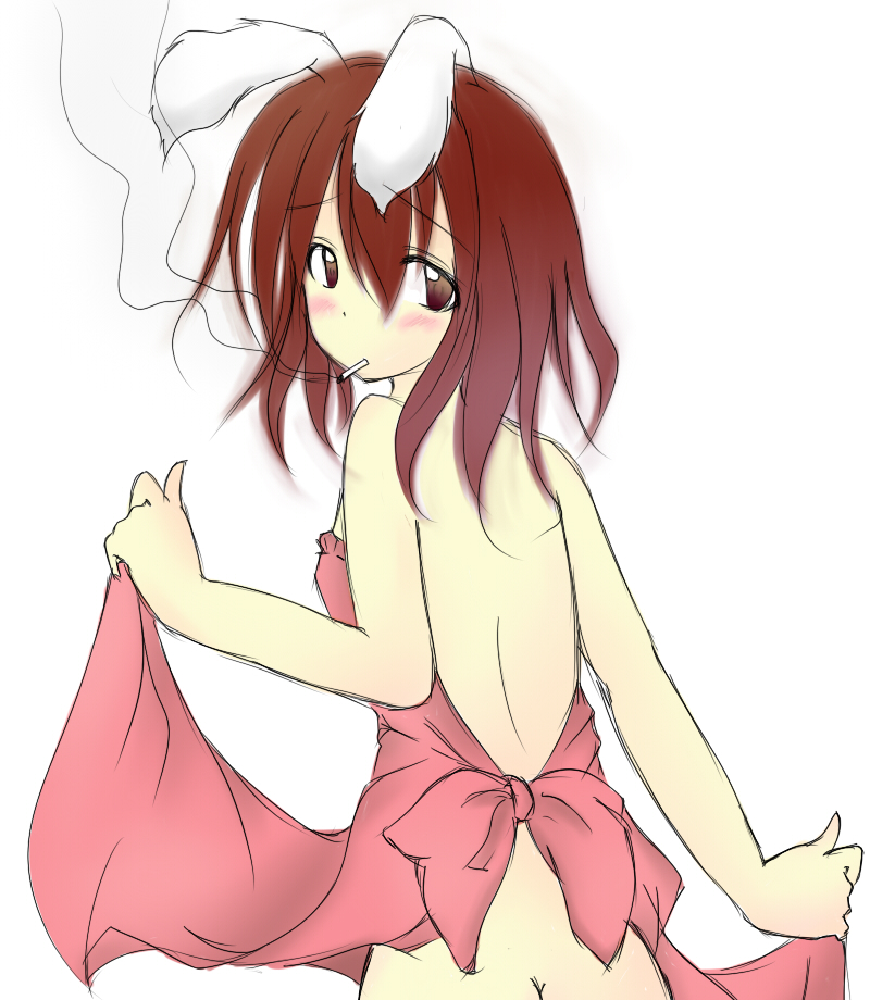 hizuki, inaba tewi, touhou, 1girl, animal ears, apron, ass, blush, cigarette, female focus, naked apron, simple background, solo, standing, white background