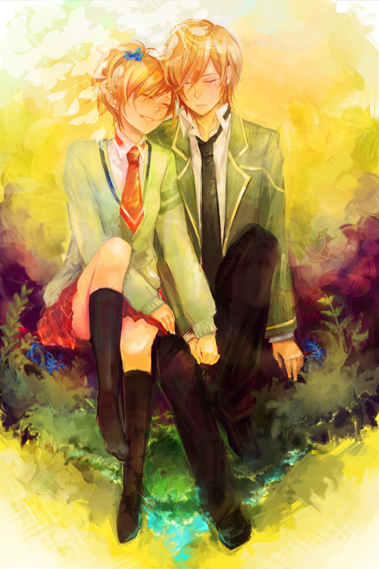 xxnicol, harukanaru toki no naka de, harukanaru toki no naka de 4, 00s, 1boy, 1girl, blonde hair, closed eyes, couple, flower, hetero, holding hands, nature, necktie, school uniform