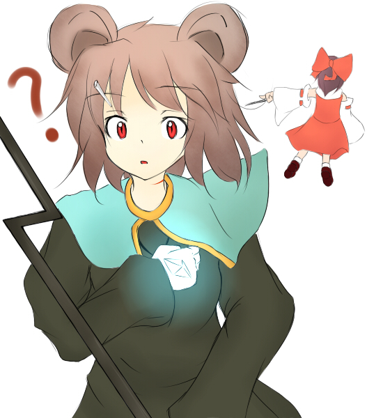 hizuki, hakurei reimu, nazrin, touhou, 2girls, ?, alternate hair color, animal ears, black dress, bow, dress, female focus, gloves, hair bow, looking at viewer, mouse ears, multiple girls, parted lips, red eyes, simple background, stick, white background, white gloves