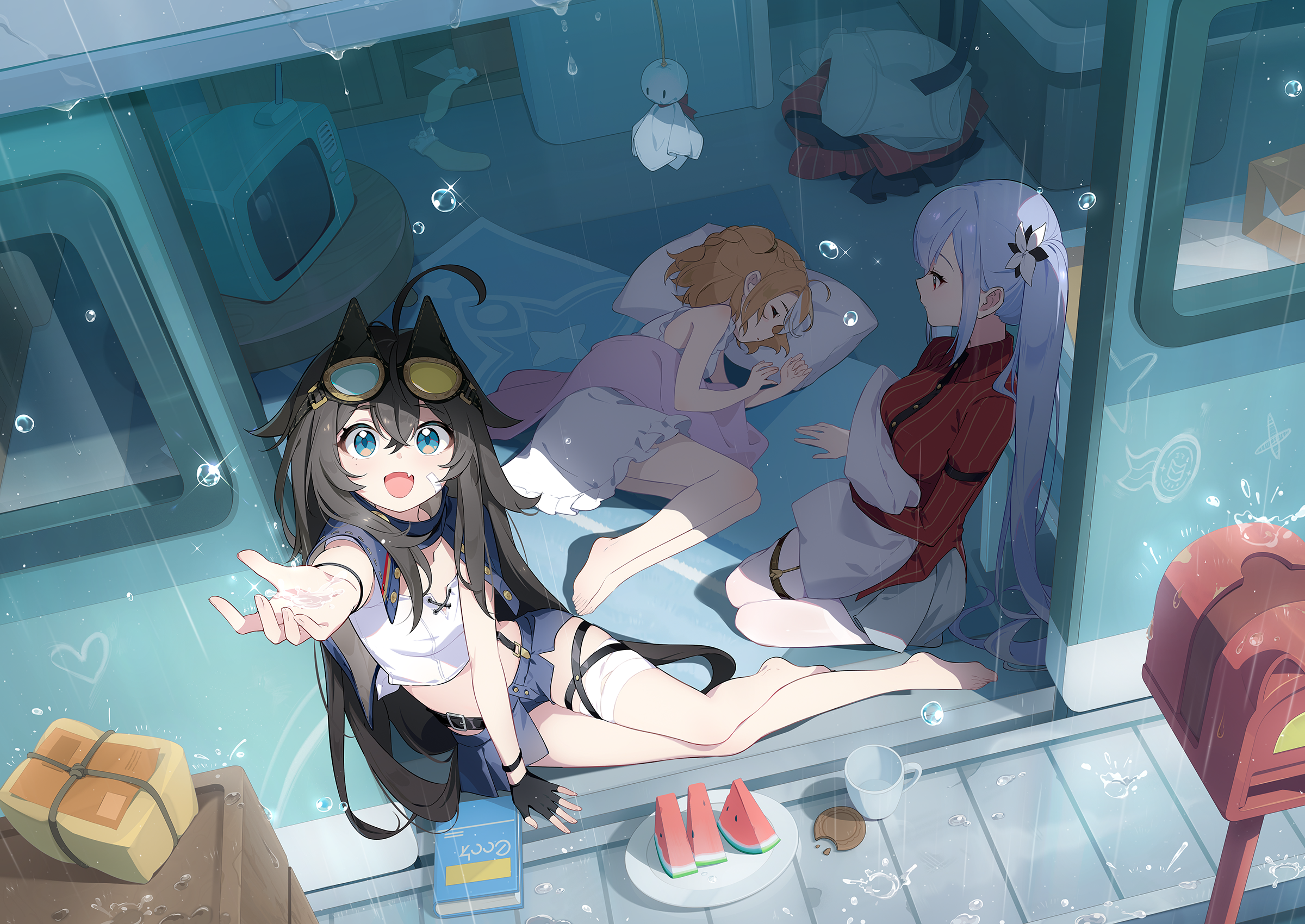 freesia (stella sora), teresa (stella sora), stella sora, game cg, highres, non-web source, official art, 3girls, bandaged leg, bandages, barefoot, black gloves, black hair, blue capelet, blue eyes, blue shorts, braid, breasts, capelet, collared shirt, crop top, cropped shirt, crossed bangs, crown braid, cupping hand, donna (stella sora), double-parted bangs, dress, fingerless gloves, food, frilled dress, frills, fruit, gloves, grey skirt, head on pillow, long hair, long sleeves, lying, mailbox (incoming mail), medium breasts, medium hair, midriff, miniskirt, multiple girls, on floor, on side, open door, orange hair, outstretched arm, package, pantyhose, pillow, pinstripe pattern, pinstripe shirt, plate, pleated skirt, post haste (stella sora), rain, red shirt, shirt, short shorts, shorts, side braid, skirt, sleeping, sleeveless, sleeveless dress, sliding doors, small breasts, very long hair, water, watermelon, watermelon slice, white dress, white pantyhose, white shirt