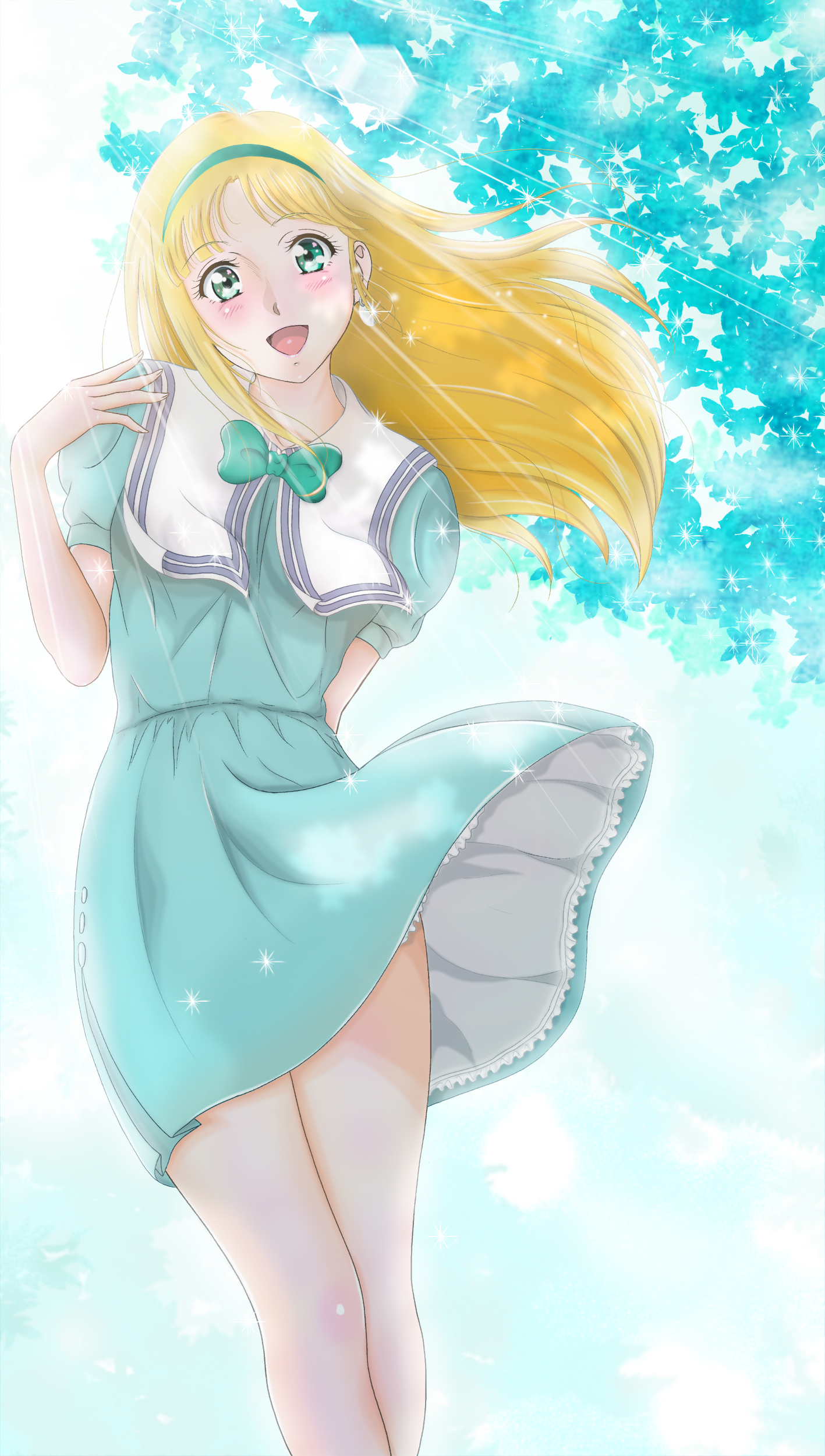 h.i.t (59-18-45), alfin, crusher joe, absurdres, highres, 1girl, :d, blonde hair, blush, bow, bowtie, day, dress, green bow, green bowtie, green dress, green eyes, green hairband, hairband, long hair, looking at viewer, open mouth, outdoors, school uniform, serafuku, smile, solo, standing, sunlight, wind