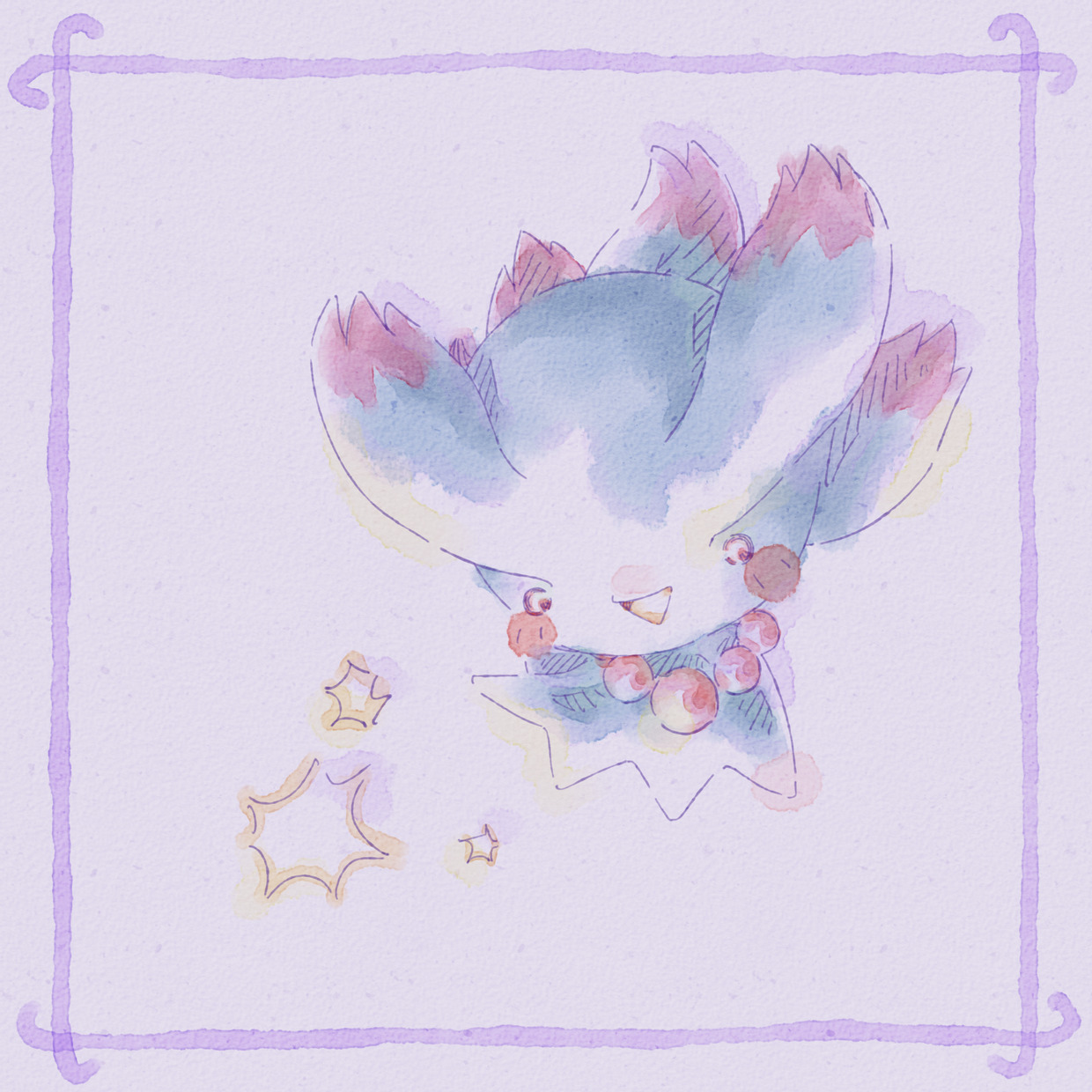 misdreavus, nintendo, pokemon, commentary, highres, mixed-language commentary, blush, blush stickers, border, ef74, full body, gen 2 pokemon, no humans, open mouth, pokemon (creature), pokemon focus, smile, solo