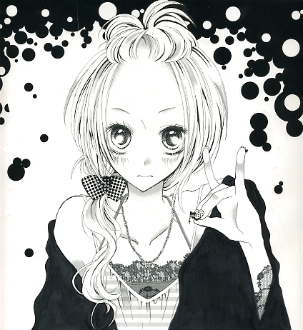 striped, lowres, scan, 1girl, n/, blush, camisole, female focus, greyscale, jewelry, long hair, monochrome, nail polish, necklace, off shoulder, ponytail, ribbon, side ponytail, solo