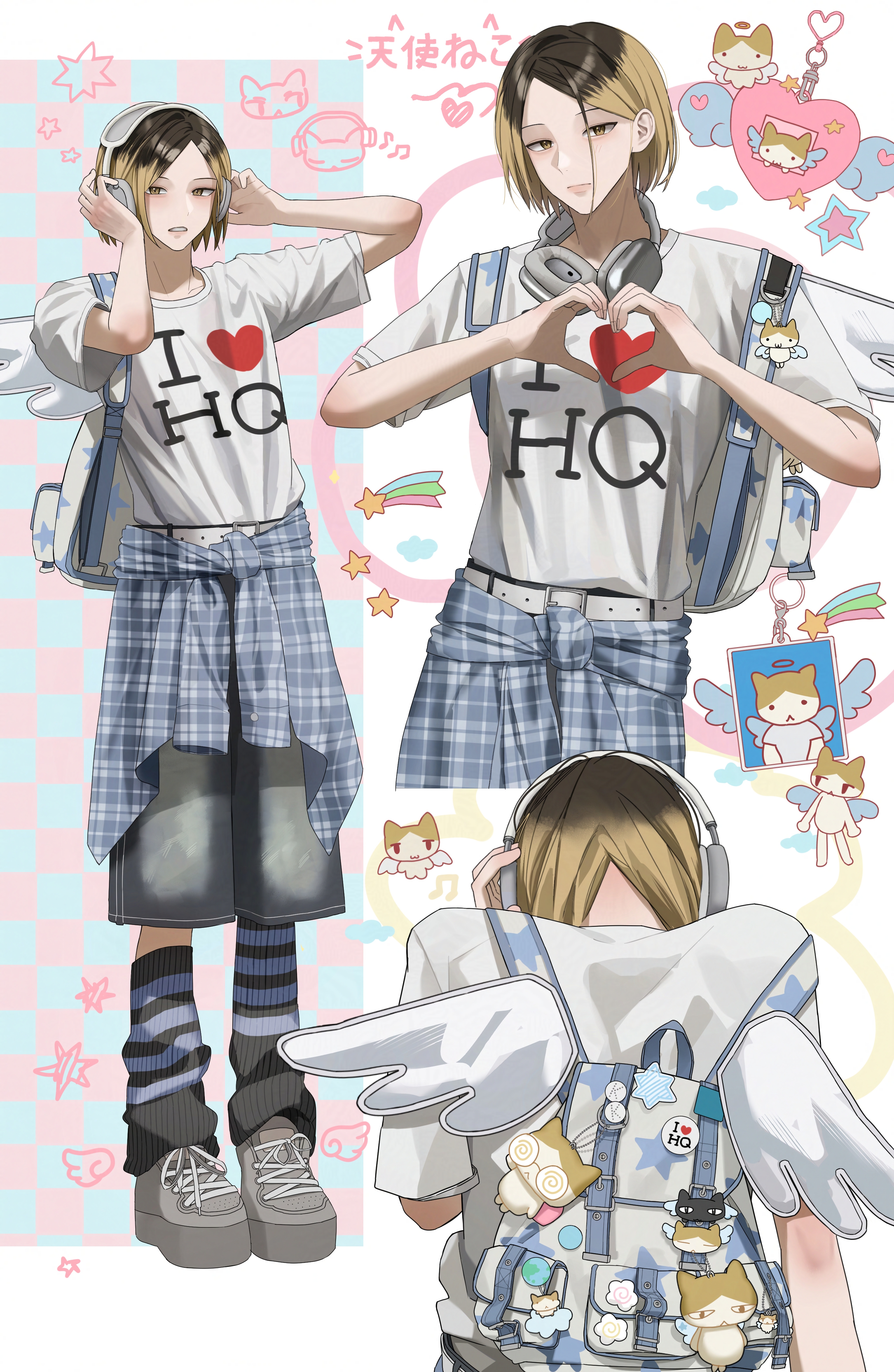 shujxxn, kozume kenma, haikyuu!!, absurdres, commentary, highres, 1boy, alternate costume, backpack, bag, belt, black hair, blonde hair, brown eyes, full body, headphones, headphones around neck, heart, heart hands, i heart…, male focus, multicolored hair, multiple views, shirt, shirt tucked in, short hair, slit pupils, two-tone hair, white belt, white shirt