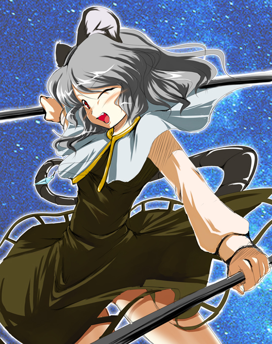 wakanita, nazrin, touhou, 1girl, animal ears, fang, female focus, grey hair, jewelry, mouse ears, mouse tail, one eye closed, pendant, red eyes, short hair, solo, tail, wink