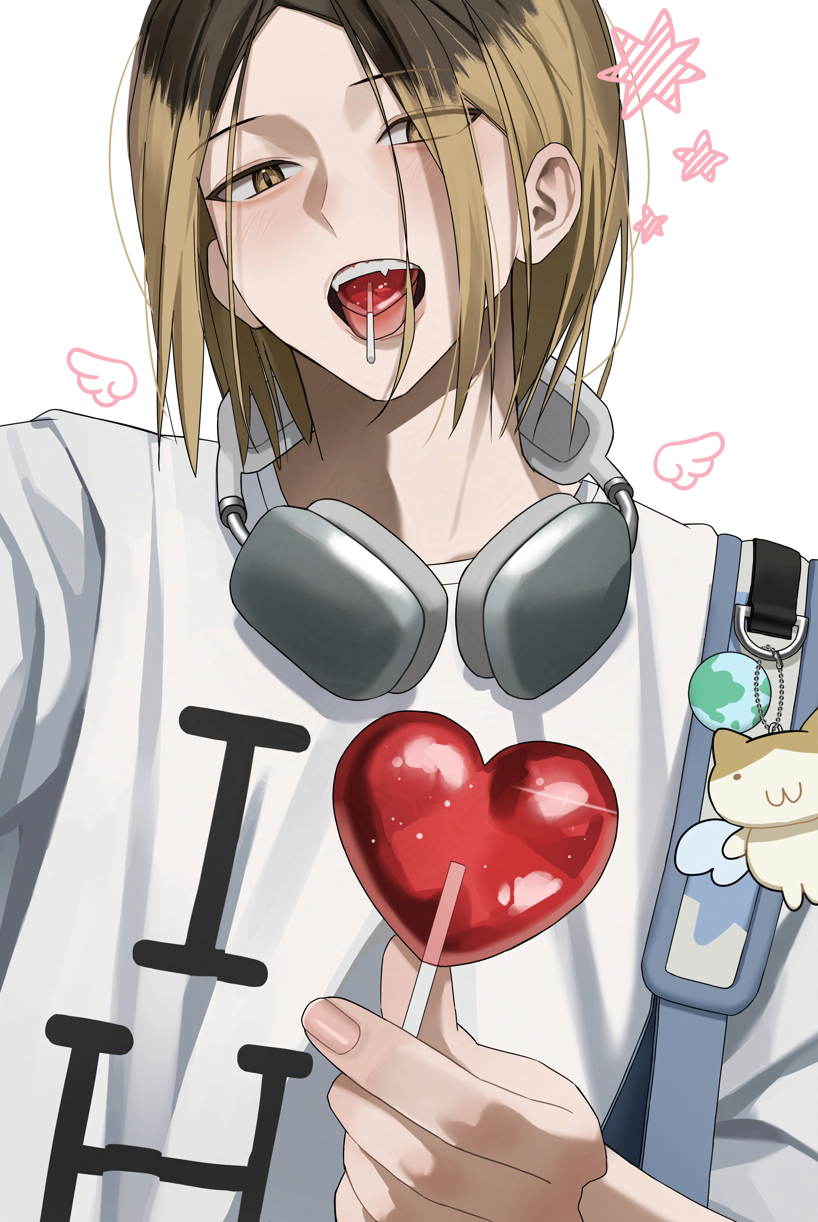 shujxxn, kozume kenma, haikyuu!!, absurdres, highres, 1boy, backpack, bag, black hair, blonde hair, blush, brown hair, candy, food, headphones, headphones around neck, heart, heart-shaped food, heart-shaped lollipop, holding, holding candy, holding food, holding lollipop, lollipop, lollipop in mouth, looking at viewer, male focus, multicolored hair, shaped lollipop, slit pupils, solo, teeth, two-tone hair, upper body