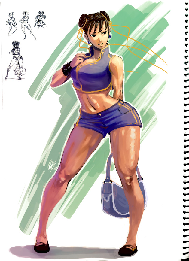 rejean dubois, chun-li, capcom, street fighter, 1girl, arm behind back, bag, bare shoulders, breasts, brown hair, bun cover, contrapposto, curvy, double bun, earrings, female focus, hair bun, hair ribbon, handbag, huge breasts, jewelry, legs, navel, ribbon, short hair, short shorts, shorts, solo, standing, thick thighs, thighs, toned, toned female