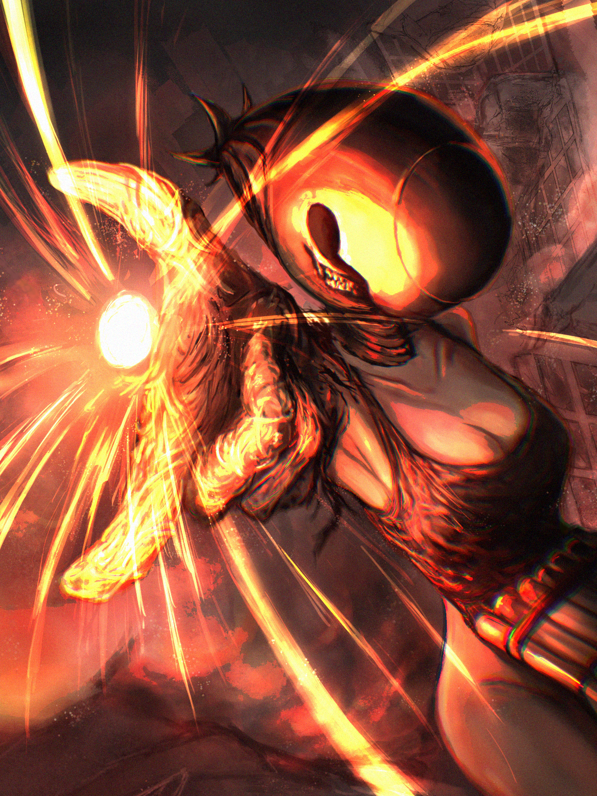 torufe, bomb devil (chainsaw man), chainsaw man, commentary request, highres, 1girl, apron, black apron, black gloves, breasts, cleavage, destruction, dynamite, explosive, gloves, imminent attack, large breasts, night, object head, outdoors, outstretched arm, smoke, solo